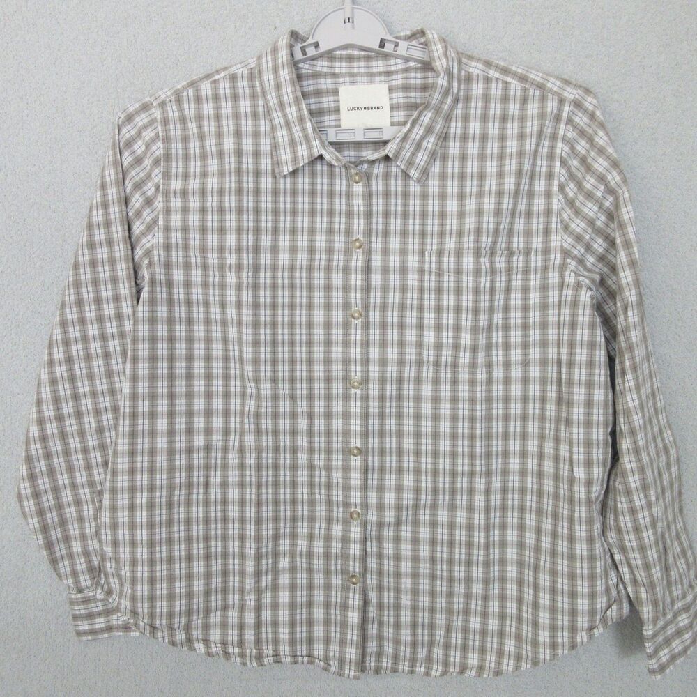 Lucky Brand Shirt Womens XL Tan Plaid Long Sleeve Button Up Chest Pocket